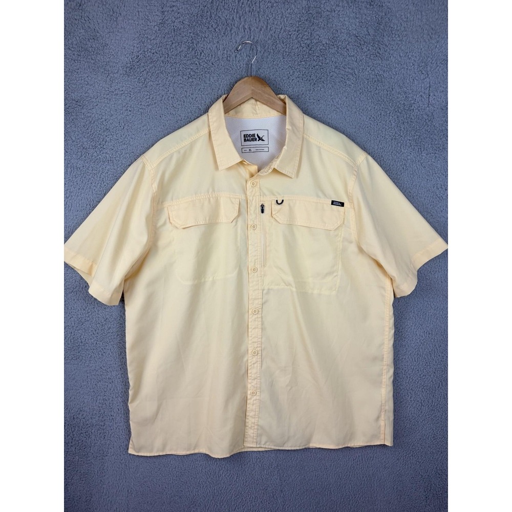Eddie Bauer Mens XL Yellow Short Sleeve Button Front Outdoor Fishing Shirt